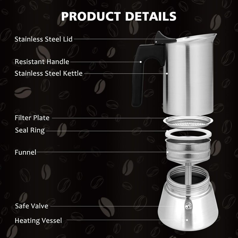VONATES Stovetop Espresso Maker Stainless Steel Moka Pot, 6 cup Espresso Coffee Pots 300ml/10oz(Espresso Cup=50ml/1.7oz), Italian Coffee Maker for Induction Cookers Hobs, Cafe Maker for Camping Home - Image 2